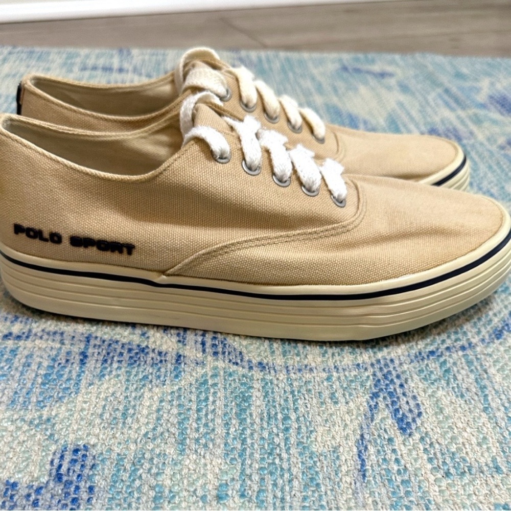 Vintage Ralph Lauren Polo Sport Tan Sneakers Classic Canvas Design Men Size 8.5